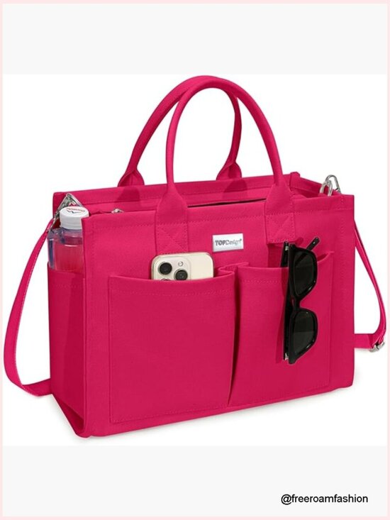 Handbags - Heavyweight Canvas Tote Bag with 9 Pockets, Adjustable Crossbody Strap